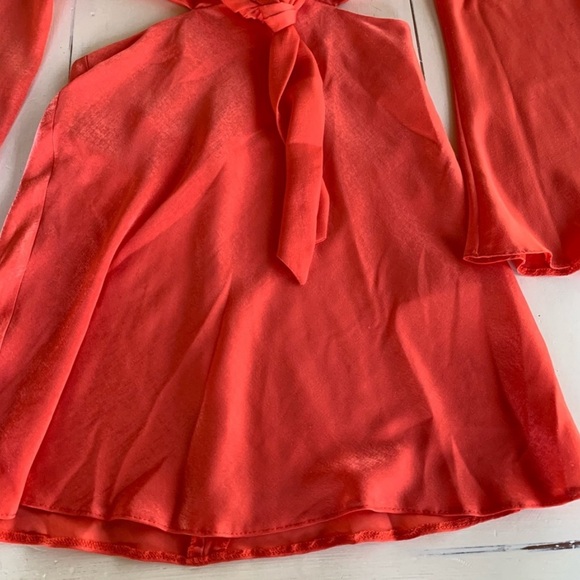 ASOS DESIGN Satin Tie Front Dress with Fluted Sleeves in Red Orange - Size 4 - Picture 8 of 9